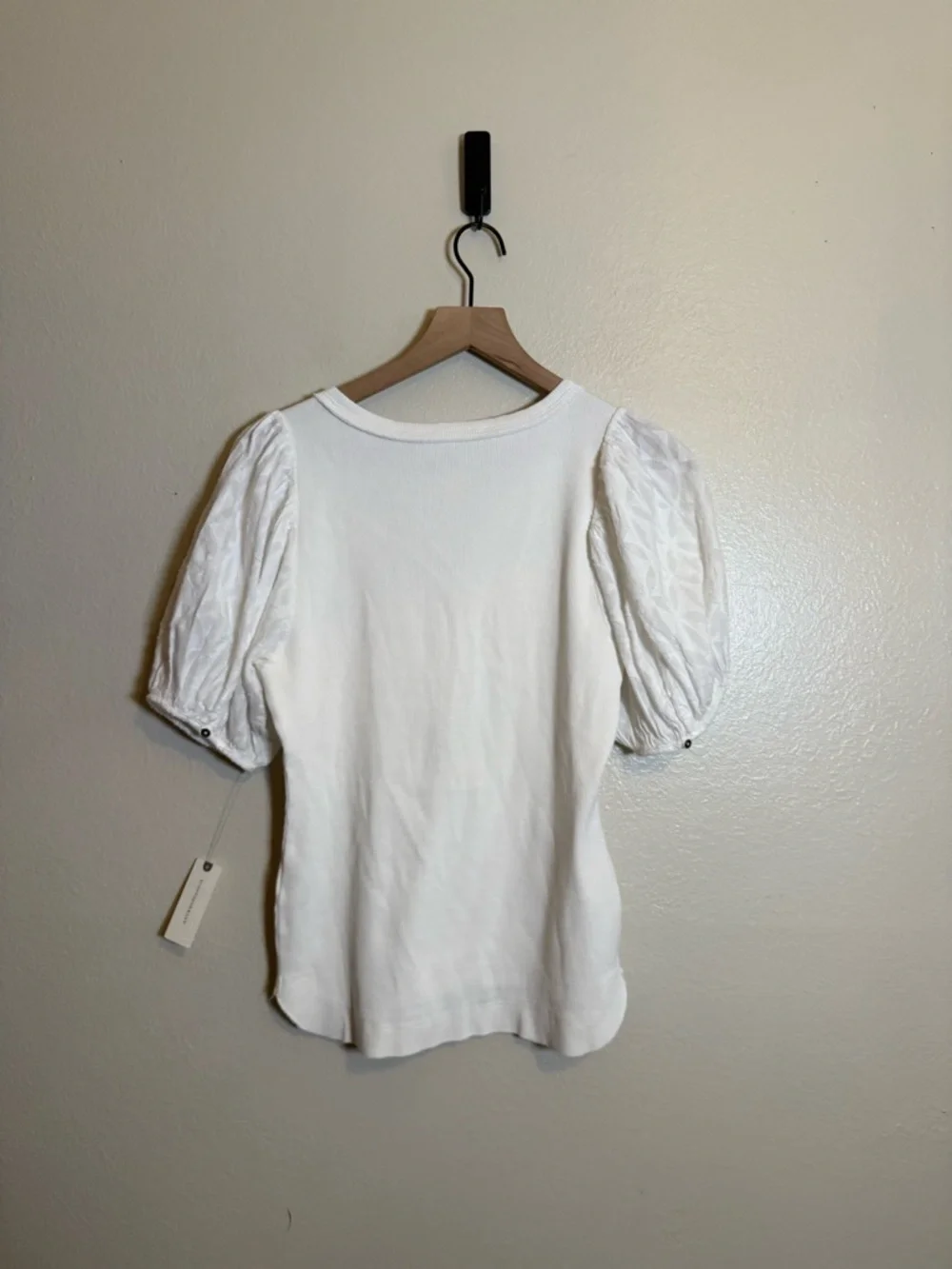 Anthropologie Ivory Textured Puff-Sleeve Button Henley Blouse